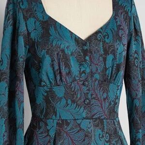 NWT Modcloth Long Sleeve Teal Black Peacock Feather Print Jacquard Brocade Dress